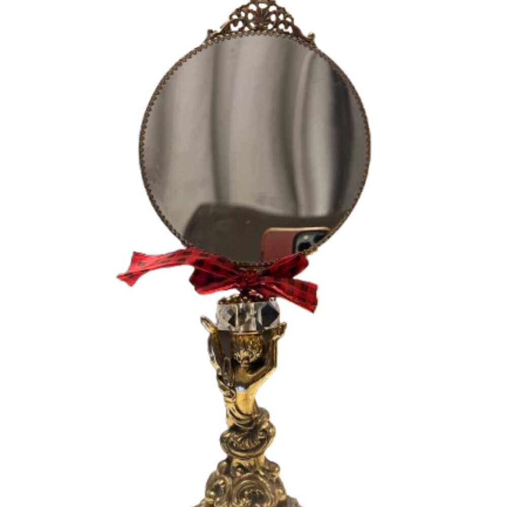 French Vintage 17" Vanity Mirror, Gold Ormolu Cherub - Picture 2 of 2